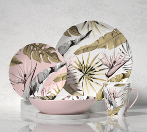 Pink Palm leaf Ceramic 16-Piece Dinnerware Set 