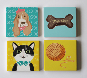 Cute Pet Colorful Fashion Coaster，Dog and cat playing，set of 4