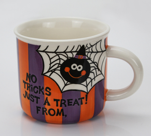 Halloween purple and orange striped spider pattern mug