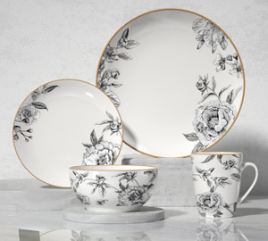 Ceramic 16-Piece Dinnerware Set -Vintage line drawing flowers