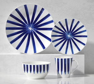 Ceramic 16-Piece Dinnerware Set -blue watercolor stripes