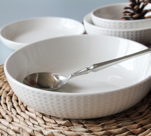 Three-piece set of pure white embossed ceramic tableware