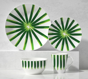Ceramic 16-Piece Dinnerware Set -Green watercolor stripes