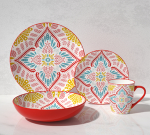 16-Piece Ceramic Dinnerware Set -Color machine printed pattern